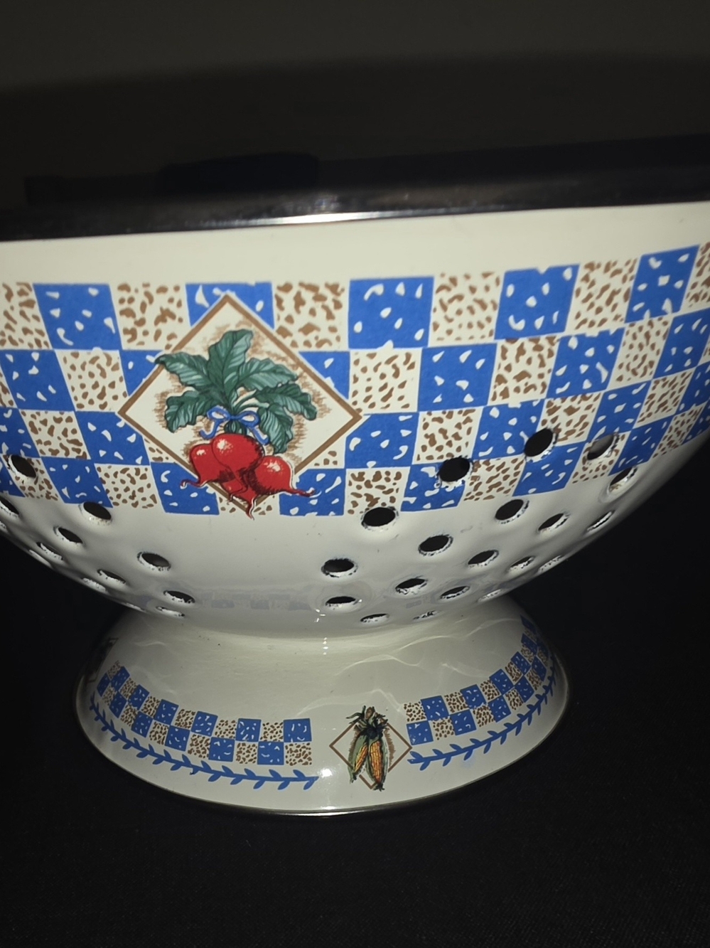 Vintage Ceramic Colander with Blue Checker & Red Radish Motif